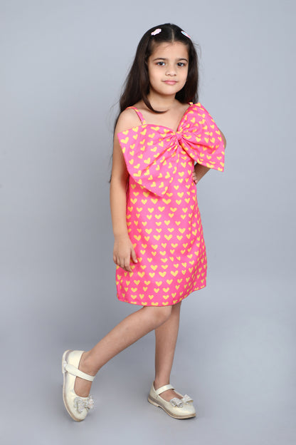 Heart Printed A Line Cotton Bow Dress -Pink