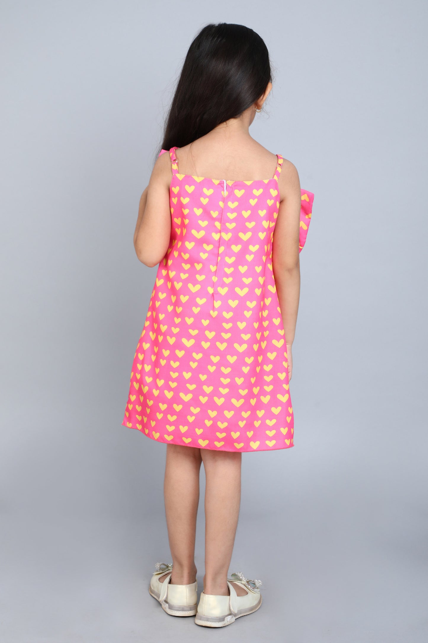 Heart Printed A Line Cotton Bow Dress -Pink