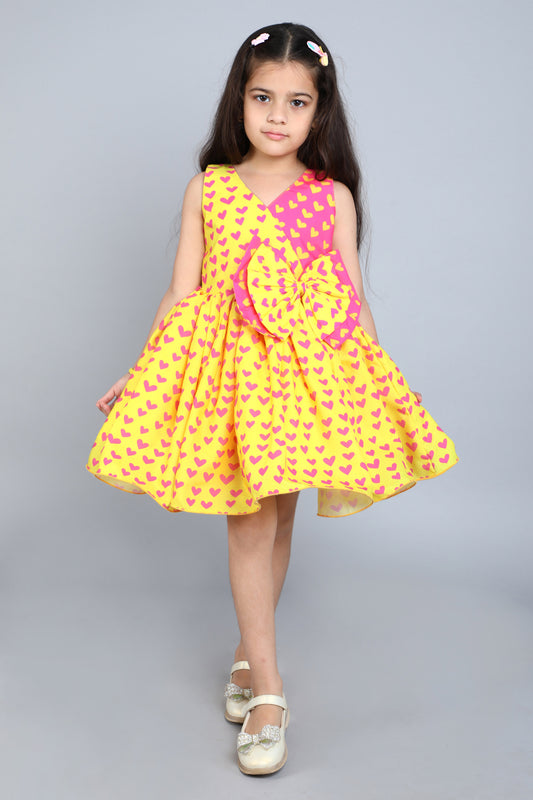 Heart Colorblocked Cotton Dress -Yellow n Pink