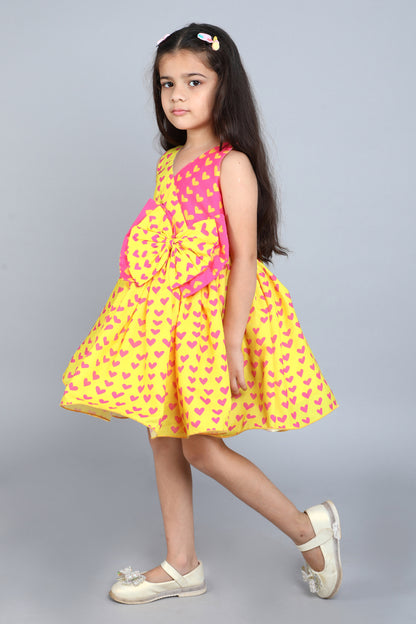 Heart Colorblocked Cotton Dress -Yellow n Pink