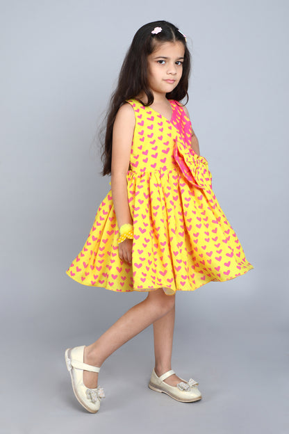 Heart Colorblocked Cotton Dress -Yellow n Pink