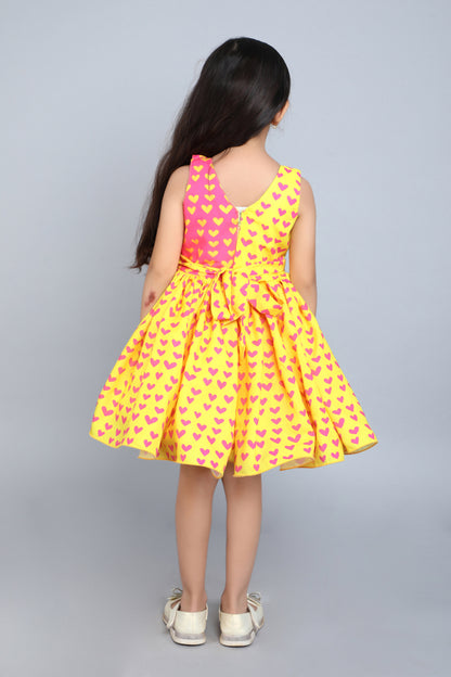 Heart Colorblocked Cotton Dress -Yellow n Pink