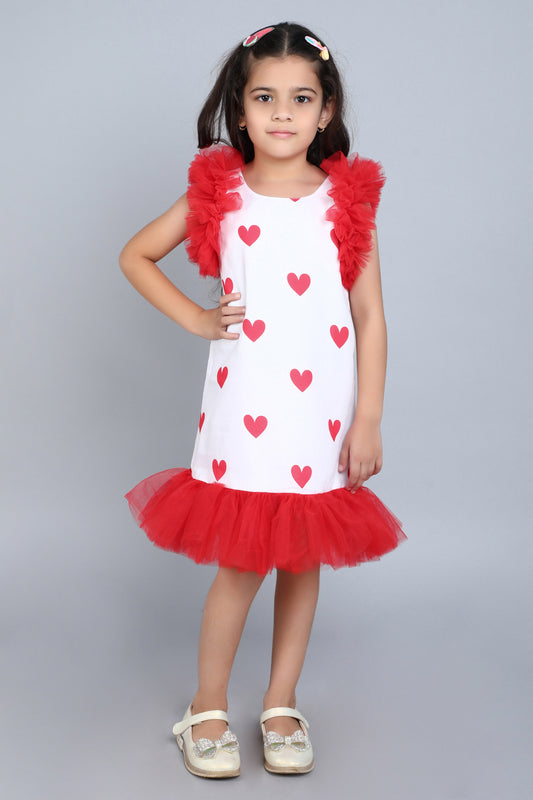 Heart Printed A Line Cotton Dress -Red