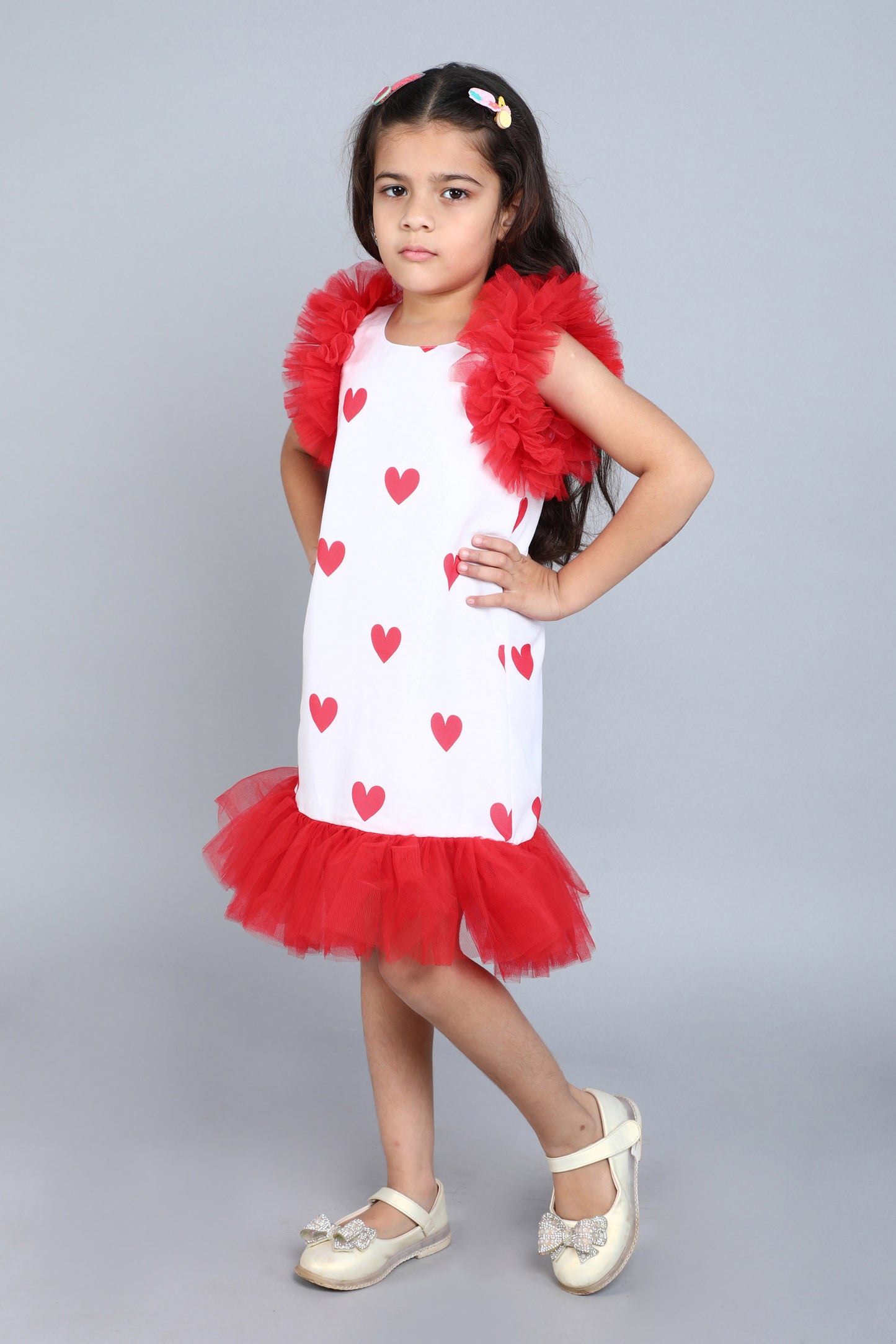 Heart Printed A Line Cotton Dress -Red