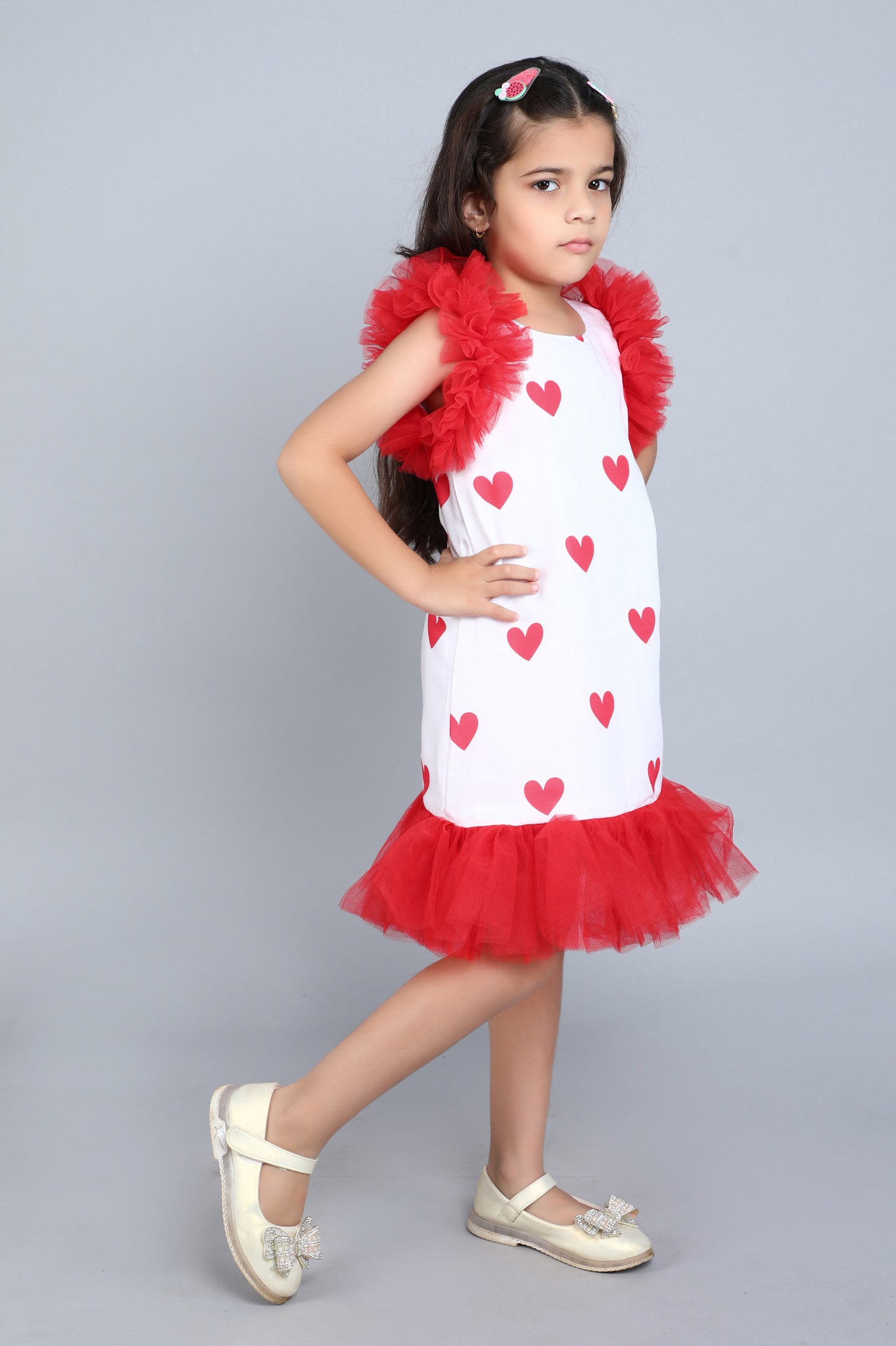 Heart Printed A Line Cotton Dress -Red