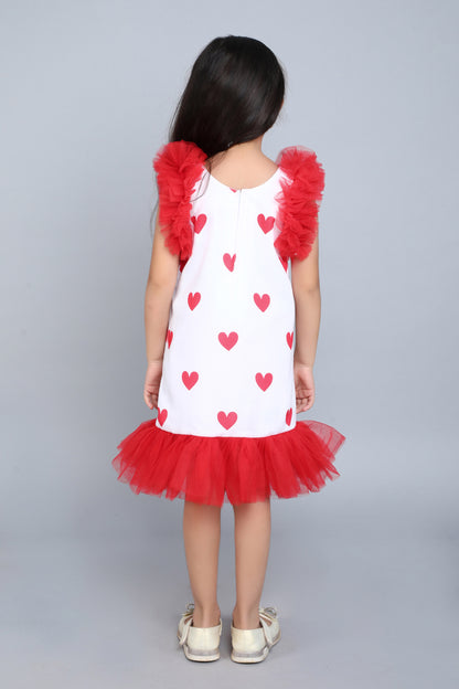 Heart Printed A Line Cotton Dress -Red