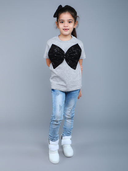 Sequins Bow Vibe T-Shirt -Grey