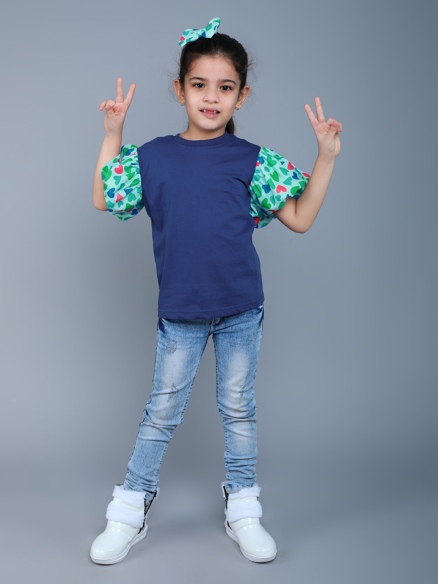 Puff Sleeves Heart Vibe T-Shirt-Blue