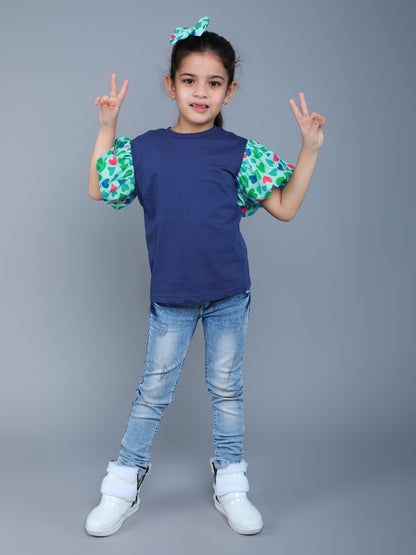 Puff Sleeves Heart Vibe T-Shirt-Blue