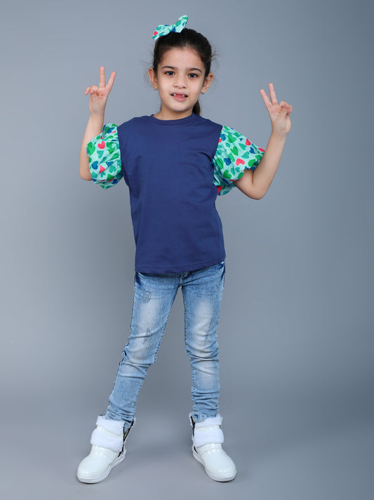 Puff Sleeves Heart Vibe T-Shirt-Blue