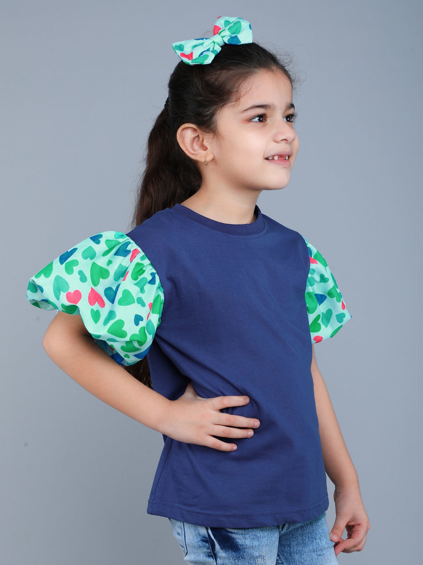 Puff Sleeves Heart Vibe T-Shirt-Blue