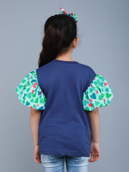 Puff Sleeves Heart Vibe T-Shirt-Blue