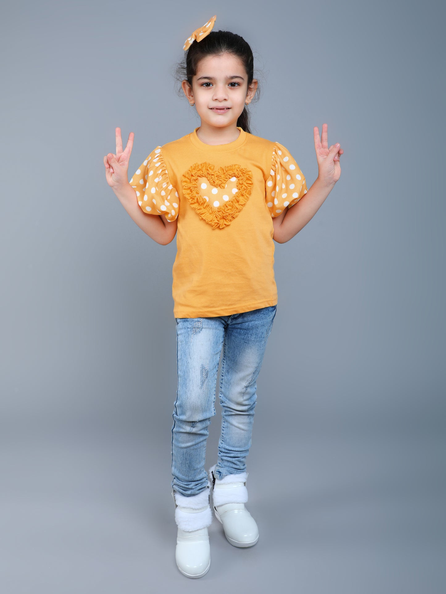 Puff Sleeves Heart Vibe T-Shirt- Yellow