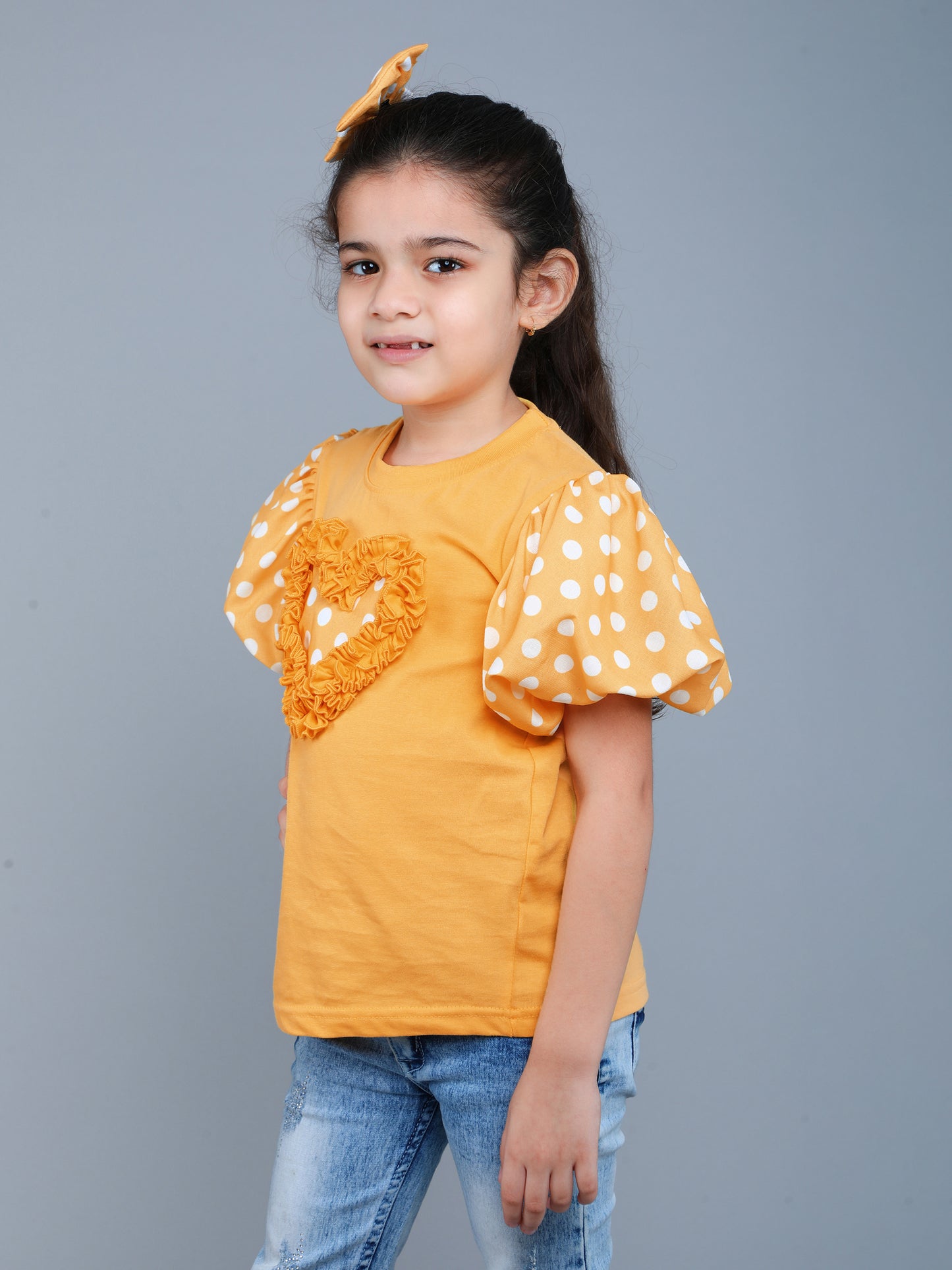 Puff Sleeves Heart Vibe T-Shirt- Yellow