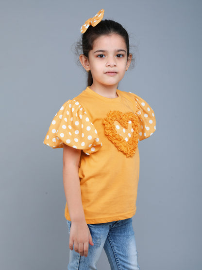Puff Sleeves Heart Vibe T-Shirt- Yellow