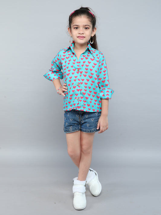 Teal Green Heart Print Shirt