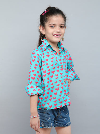 Teal Green Heart Print Shirt