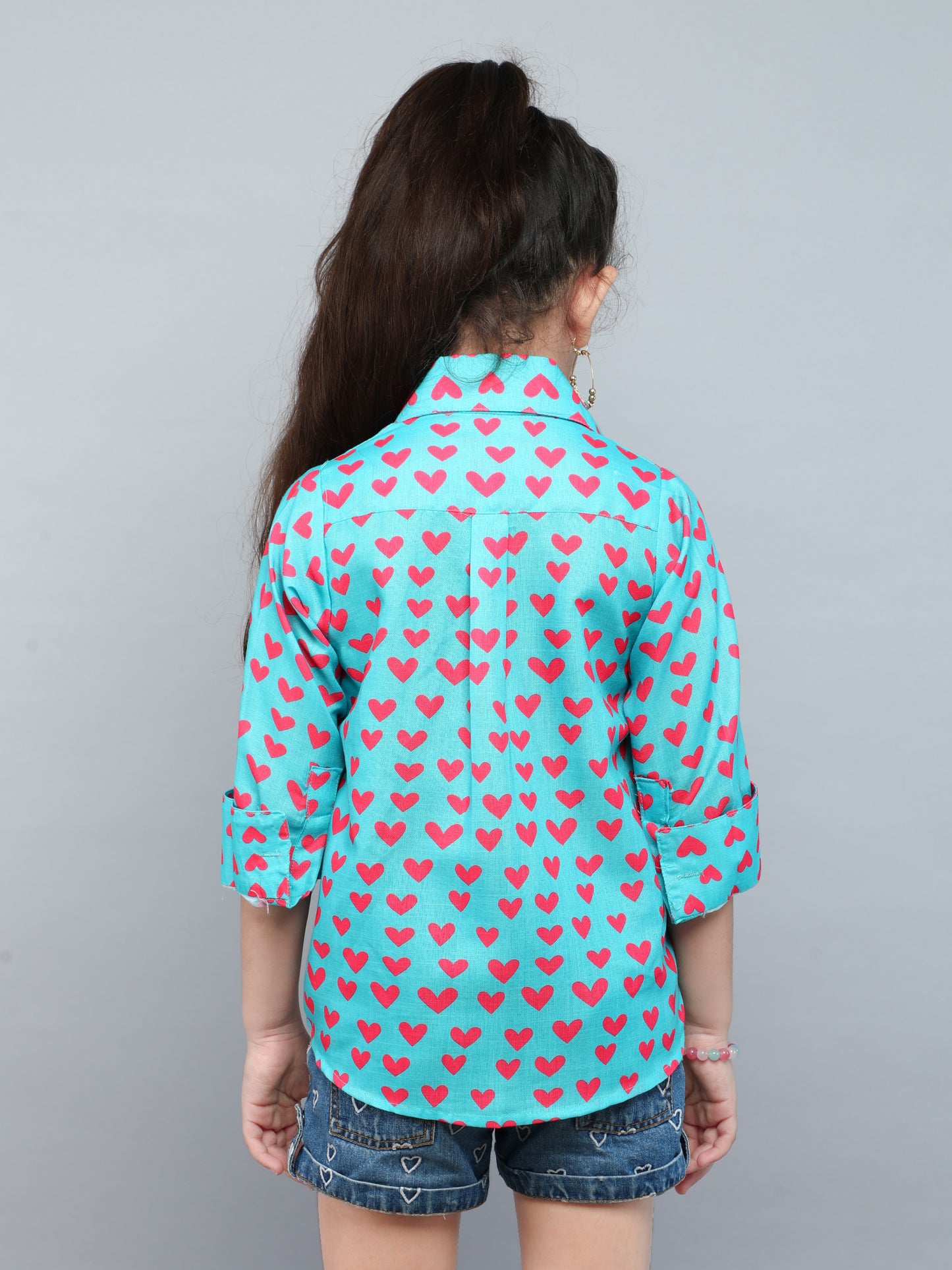 Teal Green Heart Print Shirt