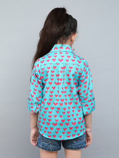 Teal Green Heart Print Shirt