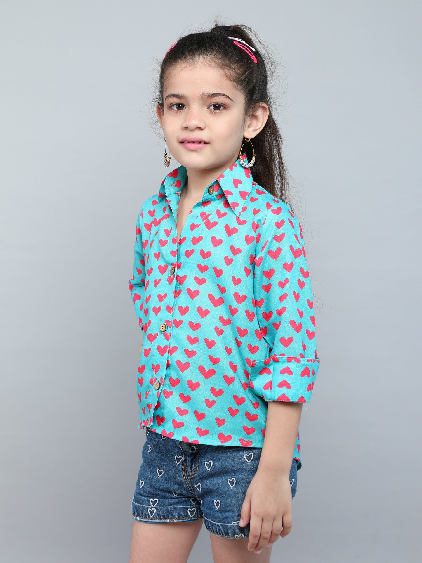 Teal Green Heart Print Shirt