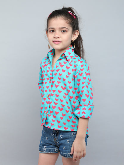 Teal Green Heart Print Shirt
