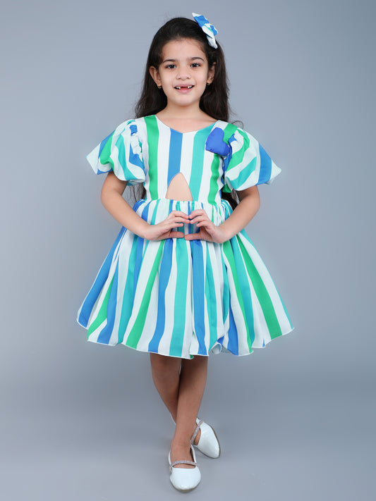 Puff Sleeves Stripes Print Cut Out Dress with Matching Clip-Blue
