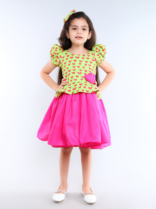 Cotton Heart Peplum Fit & Flare Dress with Matching Clip - Lime & Pink
