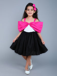 Color Block Fit and Flare Bow Dress with Matching Clip- Pink& Black