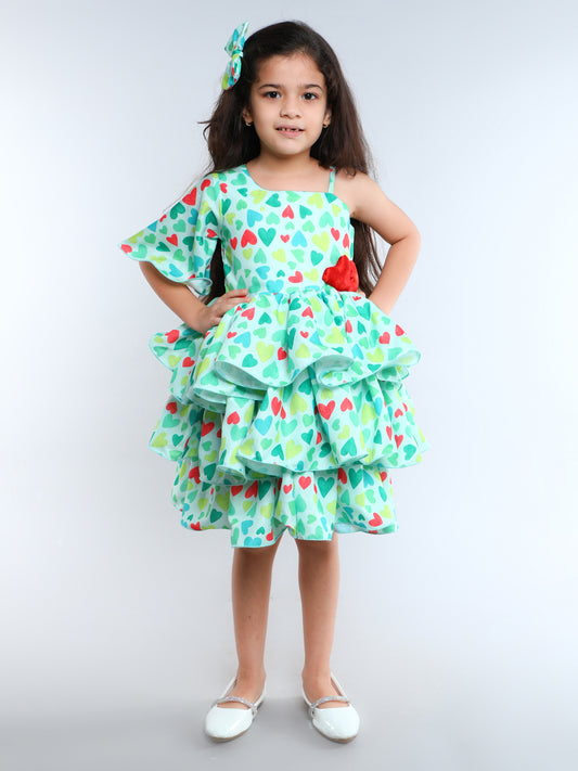One Shoulder Heart Layered Cotton Dress With Matching Clip -Teal