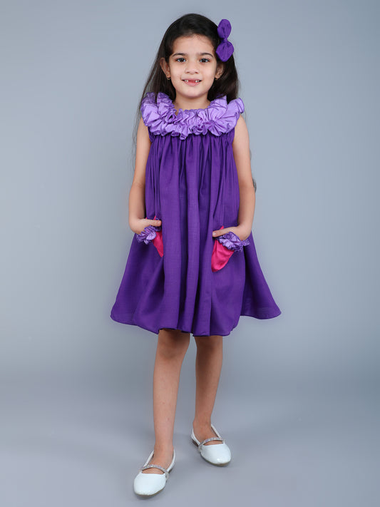 Ruffle Neck Colorblock Tent Dress -Purple