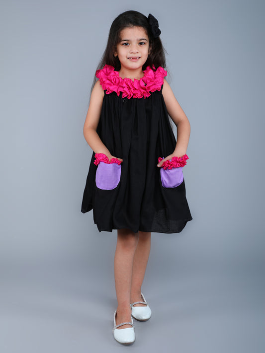 Ruffle Neck Colorblock Tent Dress -Black