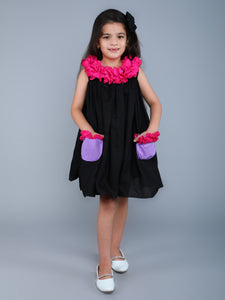 Ruffle Neck Colorblock Tent Dress -Black