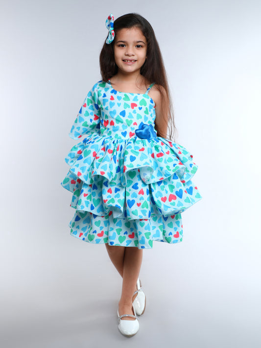 One Shoulder Heart Layered Cotton Dress With Matching Clip -Blue