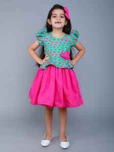 Cotton Heart Peplum Fit & Flare Dress -Teal & Pink