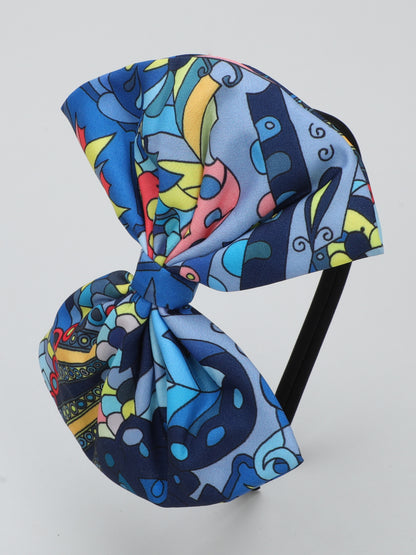 Blue Printed  Bow Hairband -Blue