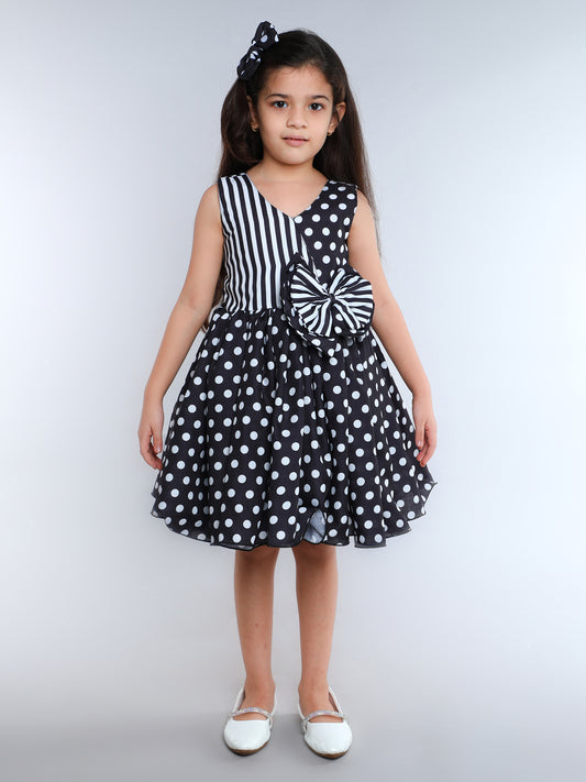 Polkadot & Stripes Cotton Dress with Matching Clip  -Black