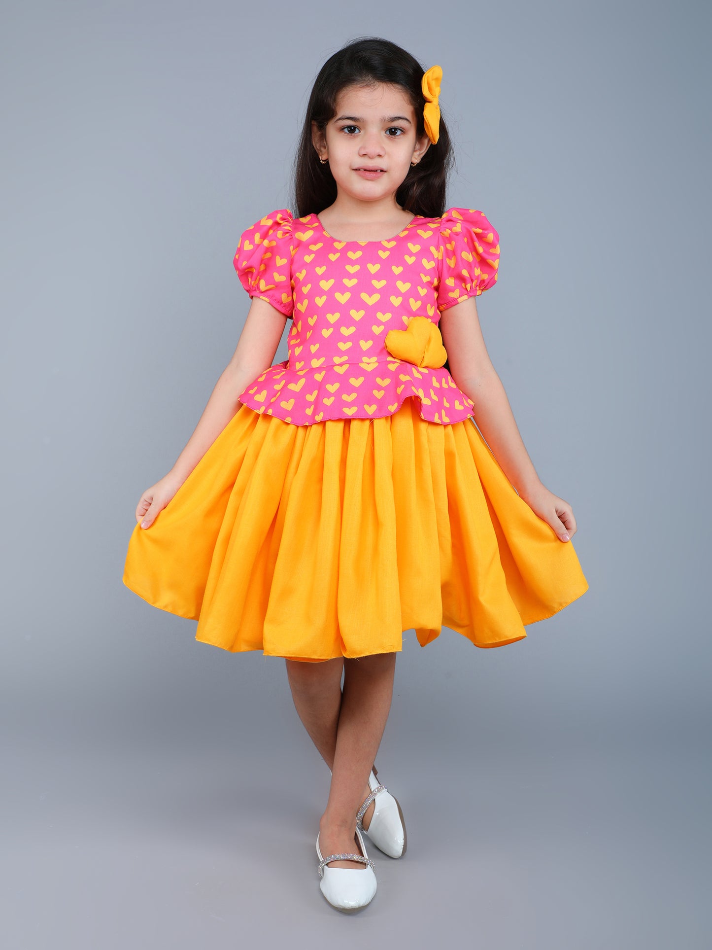 Cotton Heart Peplum Fit & Flare Dress with Matching Clip -Pink&Yellow
