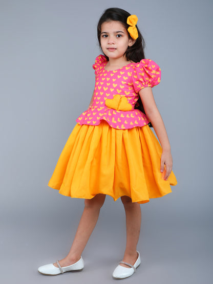 Cotton Heart Peplum Fit & Flare Dress with Matching Clip -Pink&Yellow