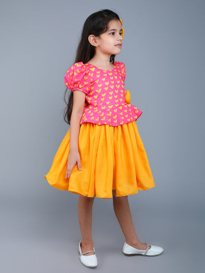 Cotton Heart Peplum Fit & Flare Dress with Matching Clip -Pink&Yellow