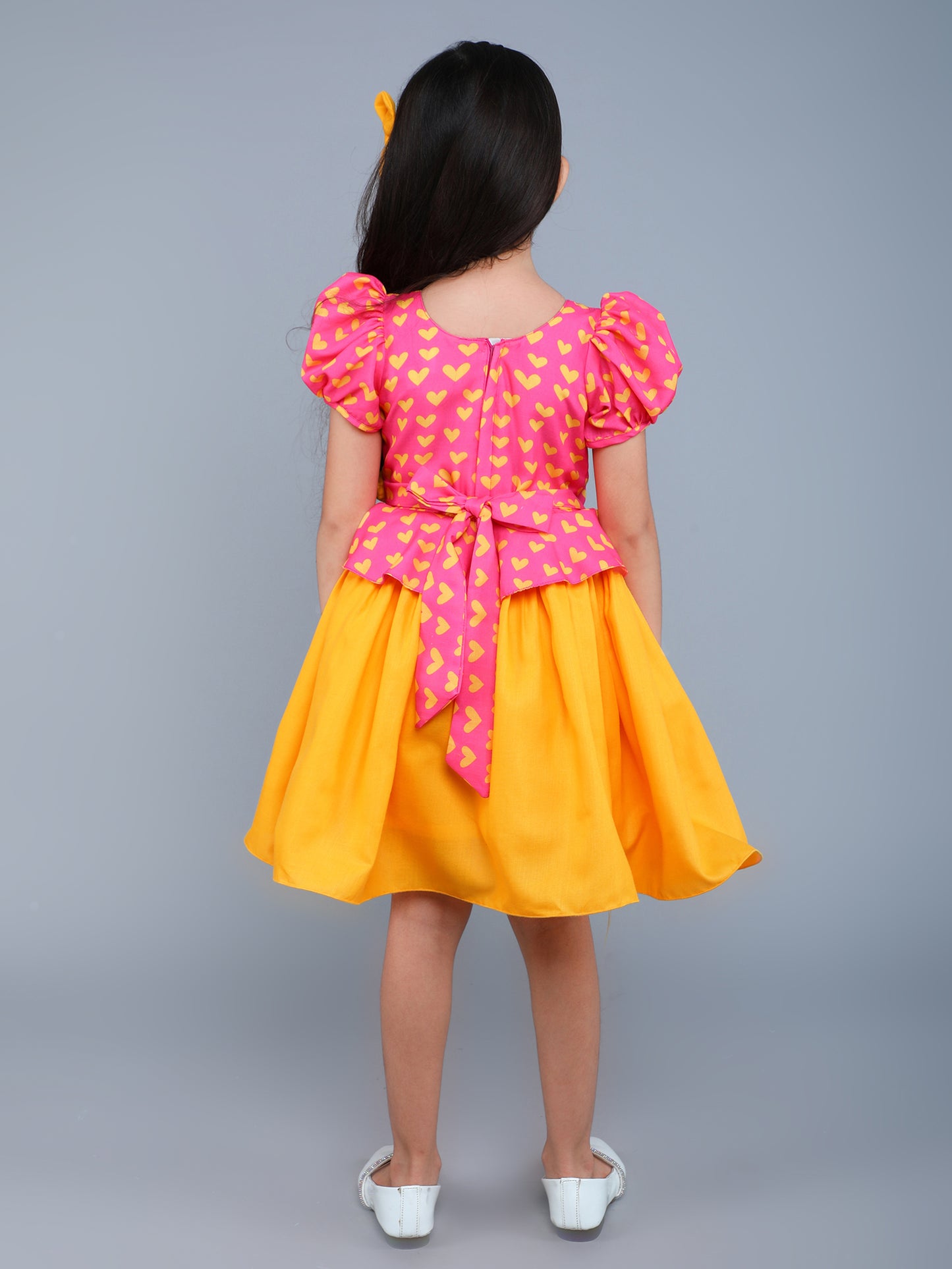 Cotton Heart Peplum Fit & Flare Dress with Matching Clip -Pink&Yellow