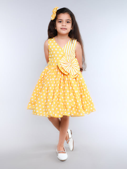 Polkadot & Stripes Cotton Dress with Matching Clip  -Yellow
