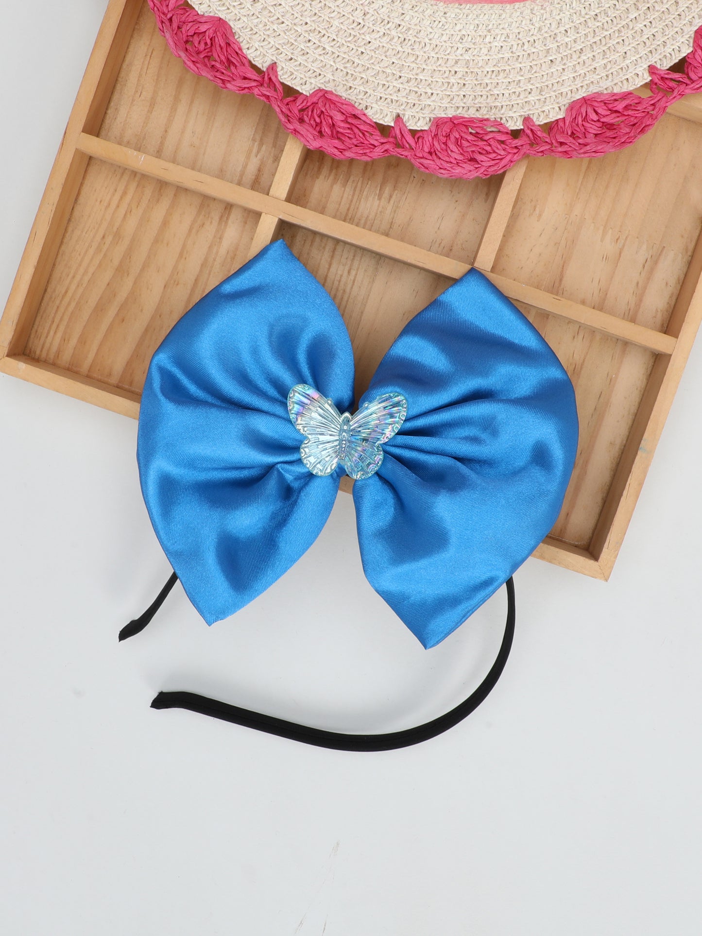 Satin Bow Hairband with Butterfly -Blue