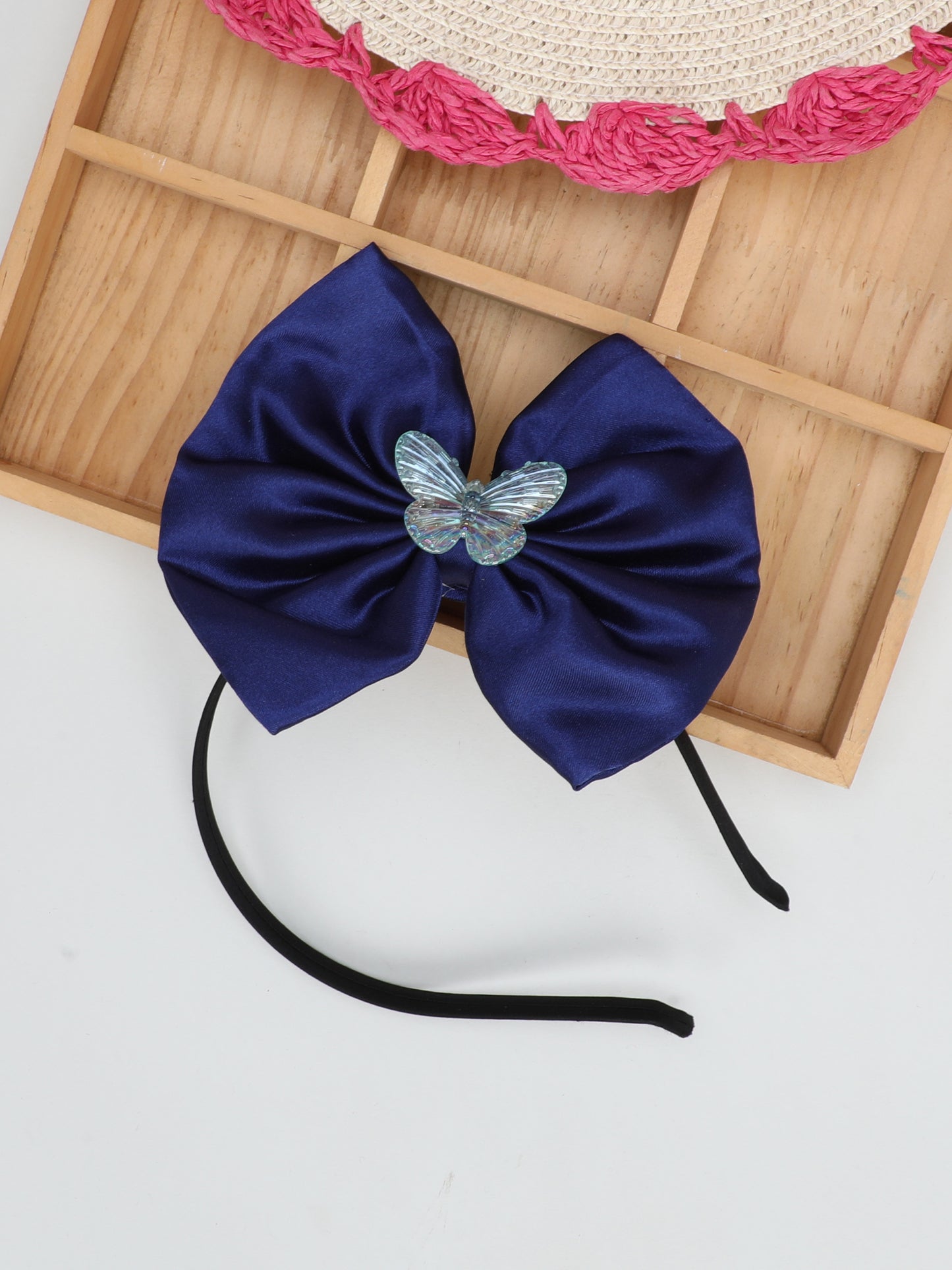 Satin Bow Hairband with Butterfly -Navy Blue