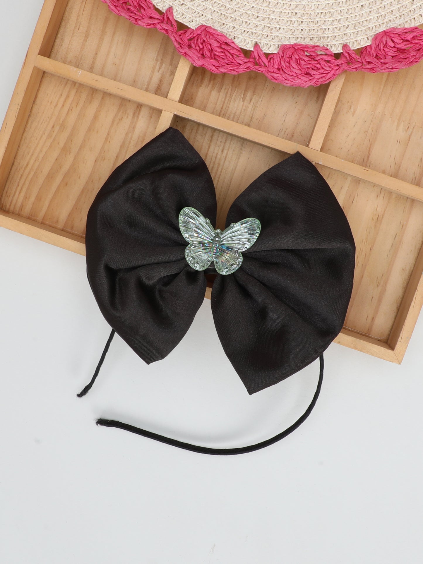 Satin Bow Hairband with Butterfly - Black