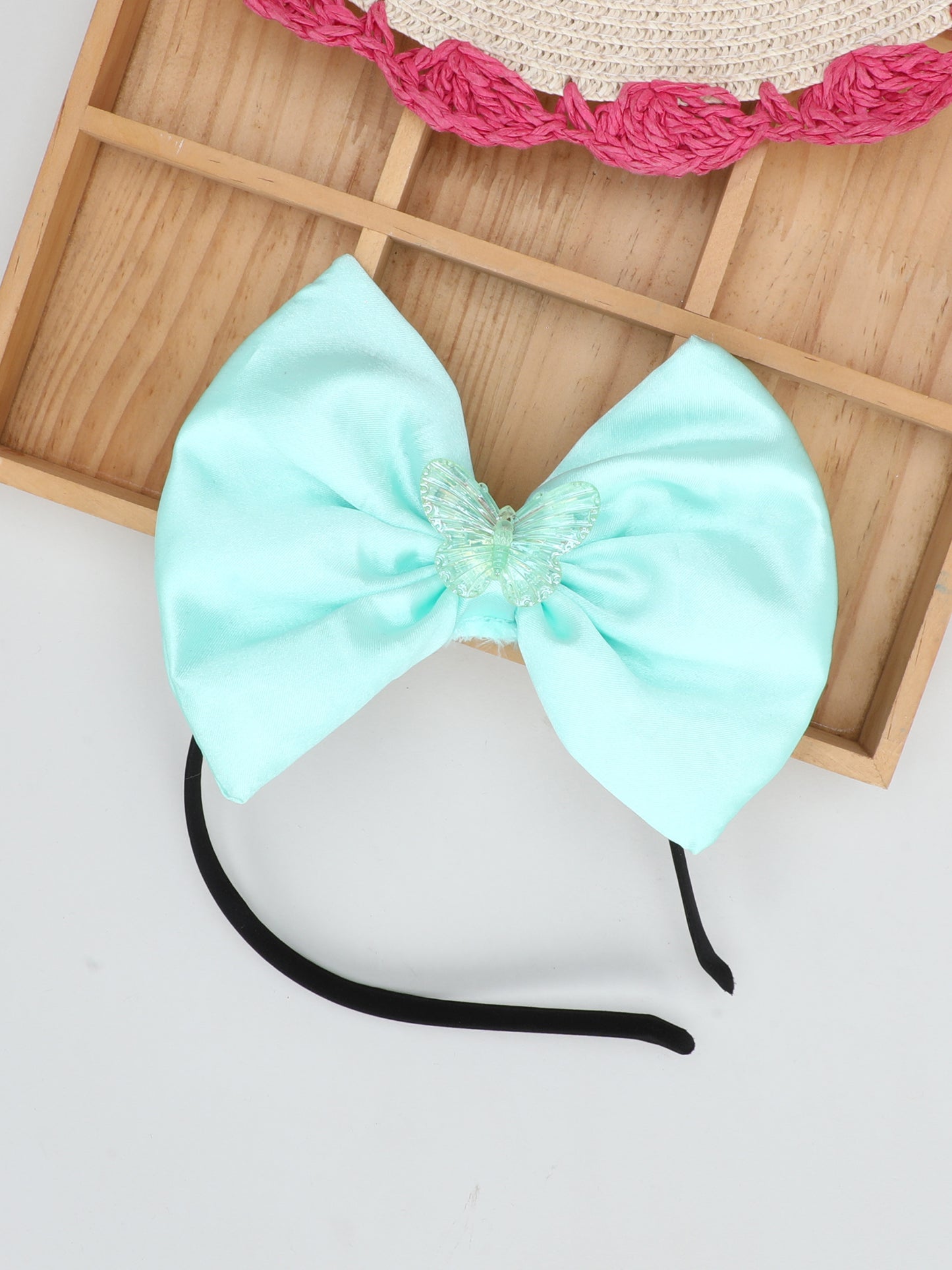 Satin Bow Hairband with Butterfly -Aqua