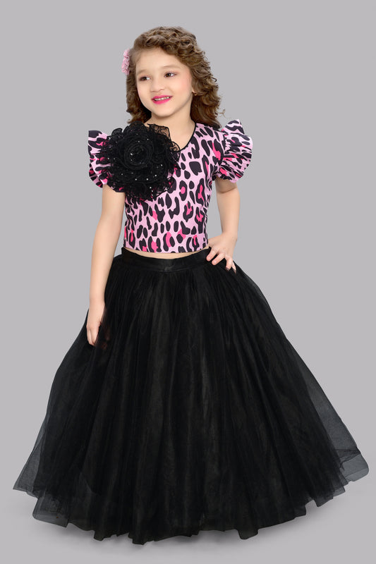 Leopard Printed  Top with Tulle Skirt-Pink