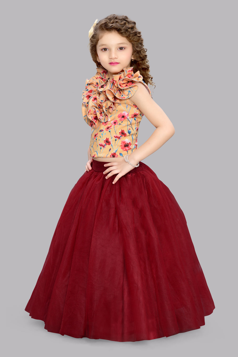 Yellow Maroon Floral Top with Tulle Skirt Pink Chick