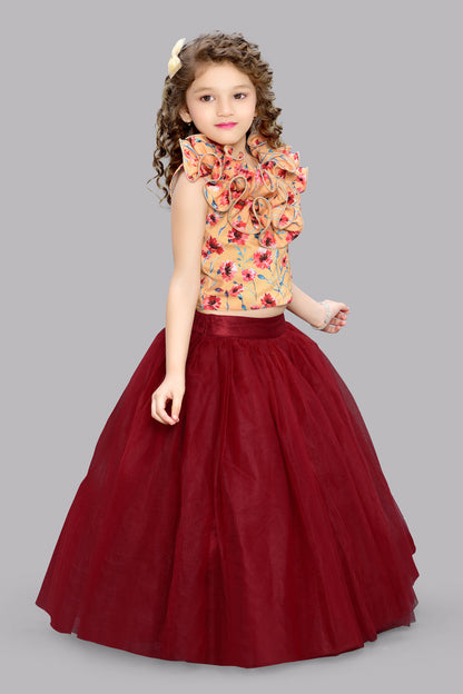 Yellow & Maroon  Floral Top with Tulle Skirt
