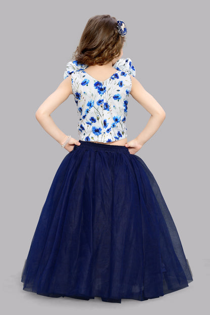 White & Blue  Floral Top with Tulle Skirt