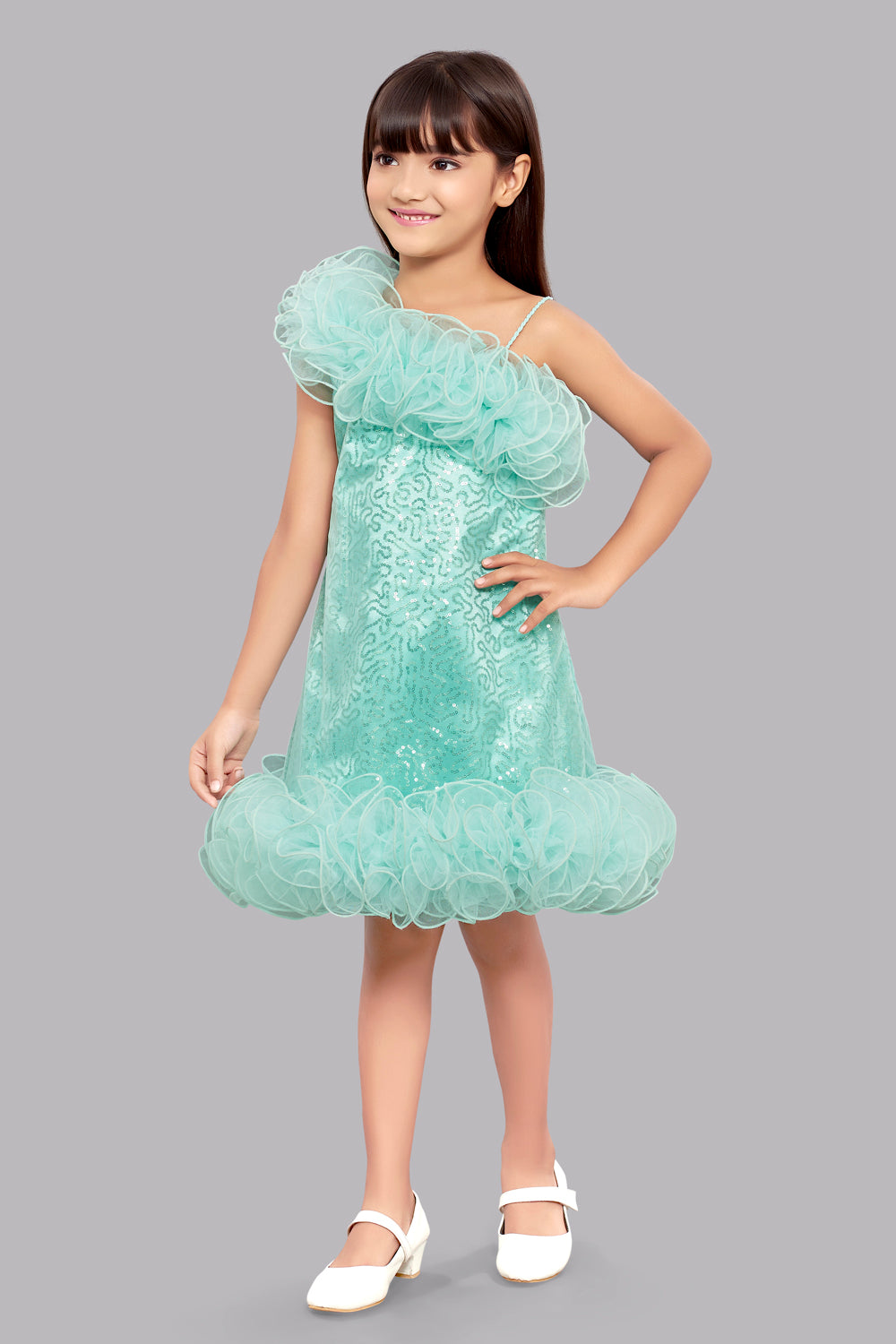 Sequined Aline Ruffled Dress -Aqua